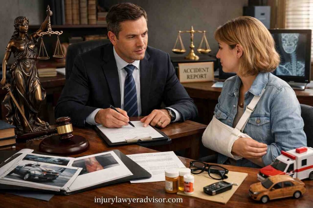 Personal injury lawyer consulting injured client in office
