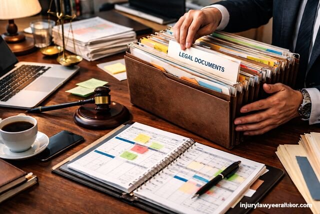 Lawyer organizing legal files on a desk with planner, gavel, and laptop, with “injurylawyeradvisor.com” at the bottom corner.
