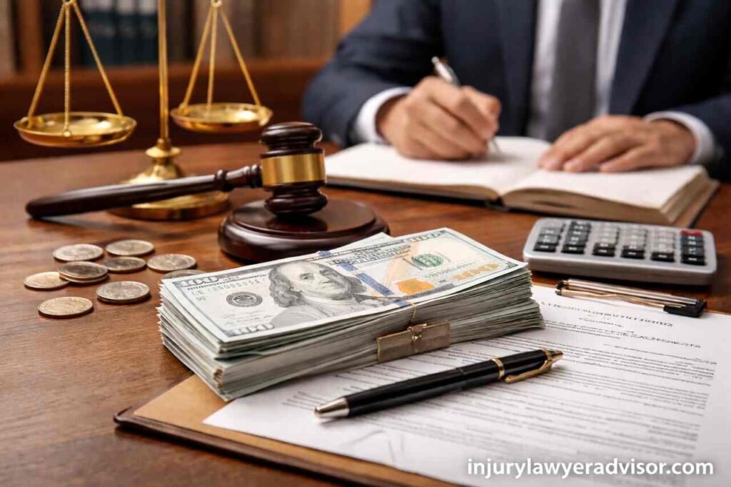 Lawyer desk with money, legal documents, and justice symbols representing personal injury lawyer cost and fees