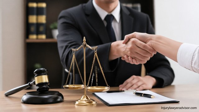 Lawyer shaking hands with client in office showing trust and experience