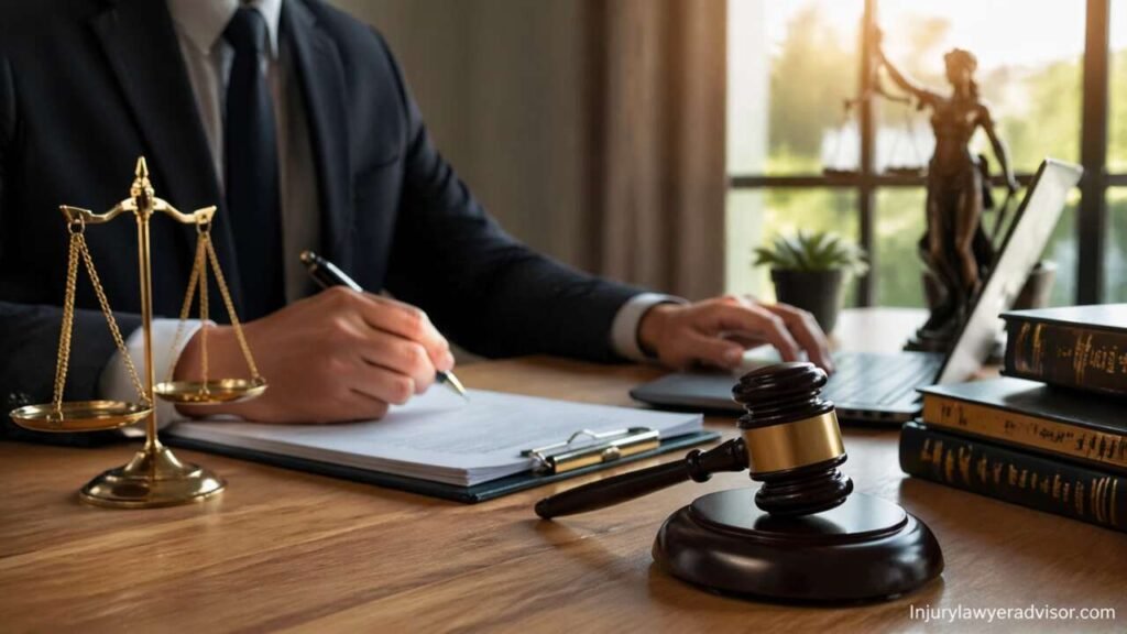 Lawyer reviewing personal injury case documents at desk