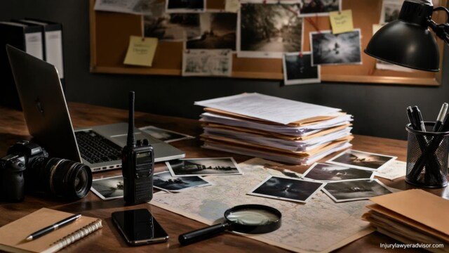 Investigation desk with evidence files and tools