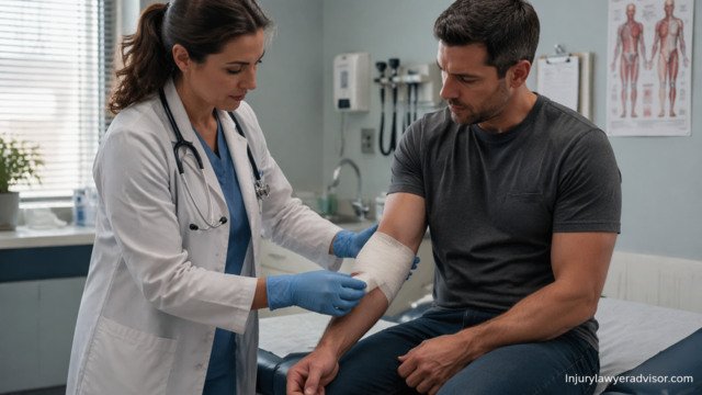 Doctor treating and documenting patient injury