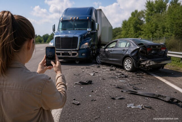 Woman photographing a crash between a semi-truck and a damaged car on a highway.