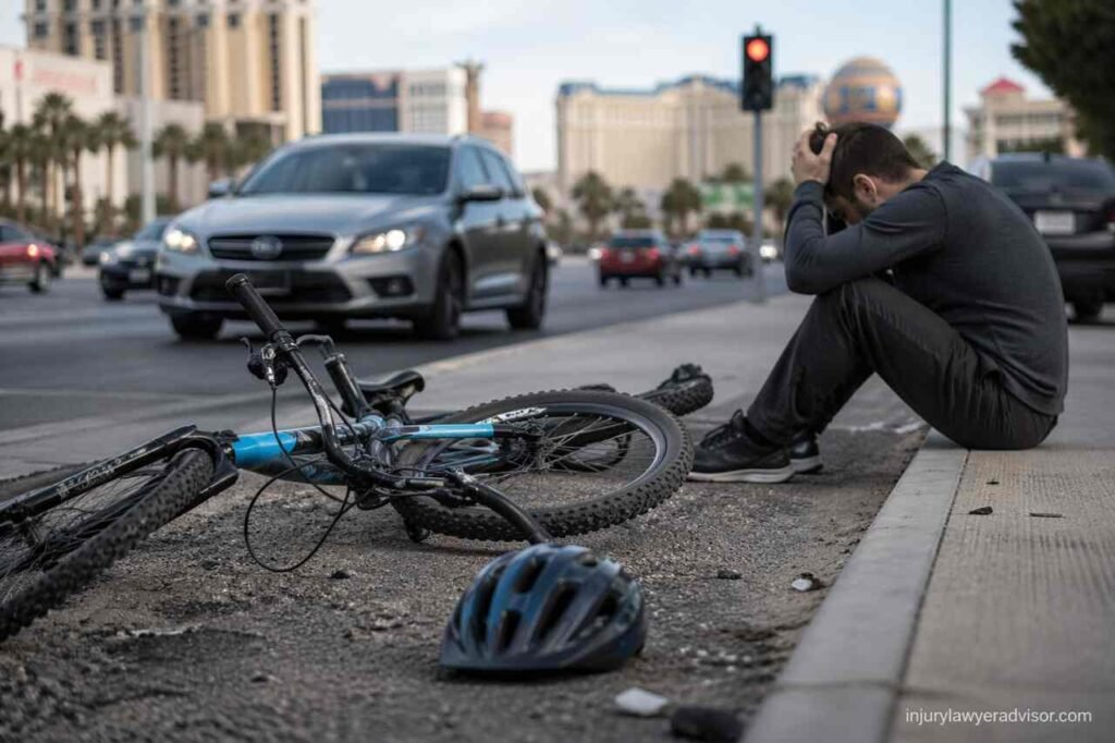Bicycle accident scene in Las Vegas with injured cyclist and damaged bike on city street
