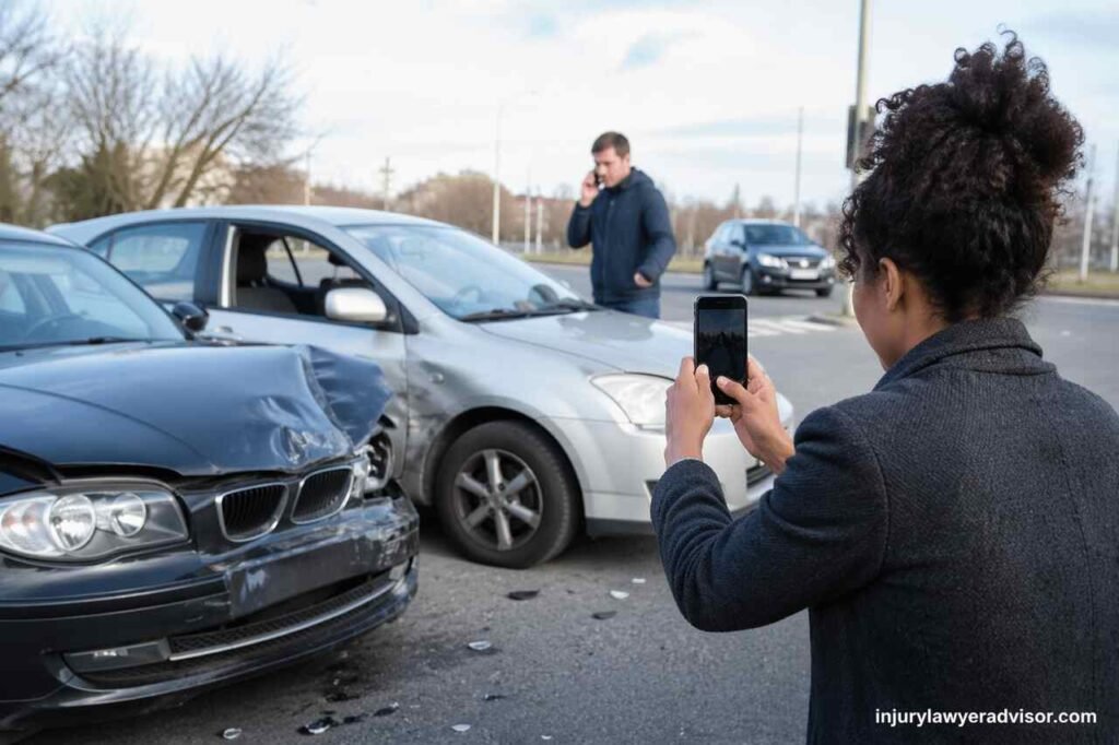 Realistic scene of a car accident where a person documents vehicle damage and evidence at an intersection