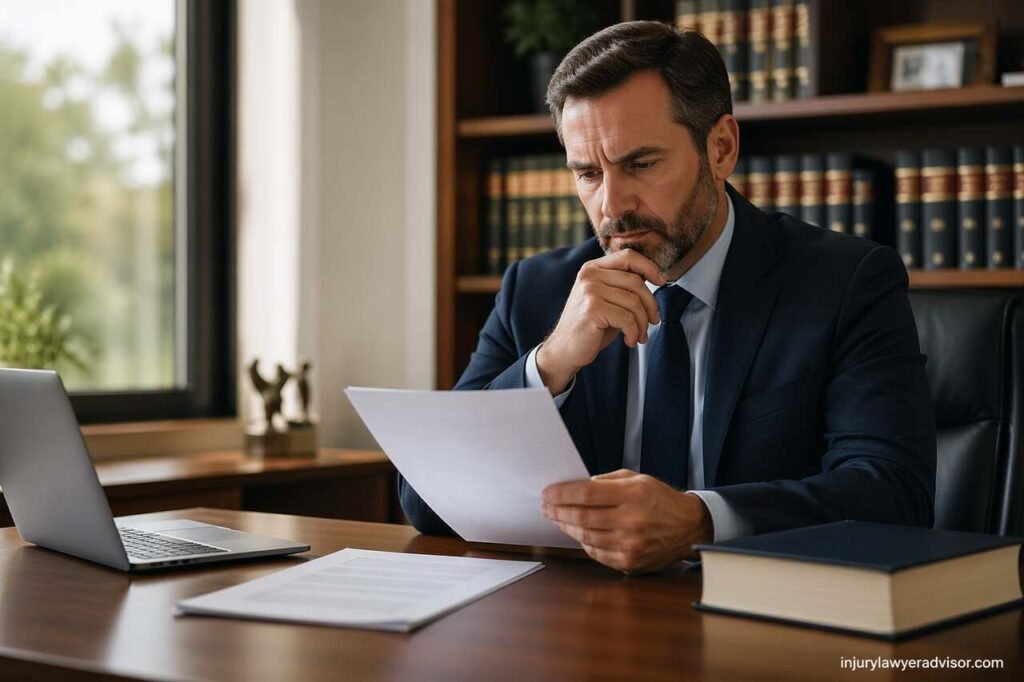 Lawyer reviewing accident claim documents in a professional office setting