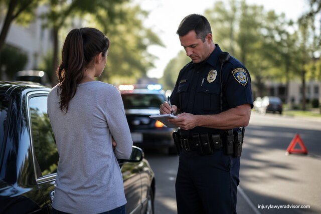 Police officer writing a report while speaking to a woman beside her car after a roadside accident, with a patrol car and warning triangle in the background.