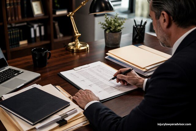Business professional reviewing legal documents on a desk in a modern office, focused on tracking deadlines.
