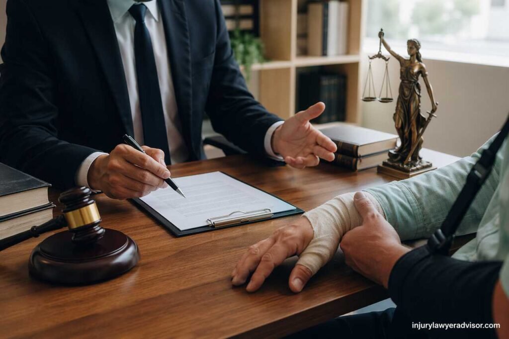 Personal injury lawyer advising injured client during legal consultation