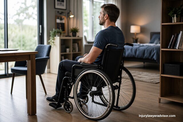 Man in a wheelchair sitting by a window in a modern, softly lit room.