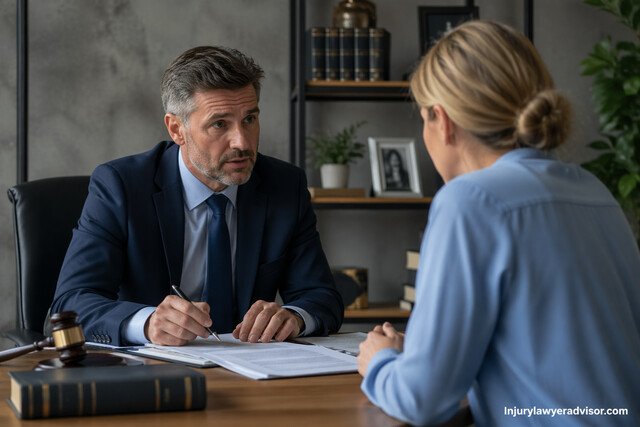 Lawyer consulting a client over legal documents in a modern office.