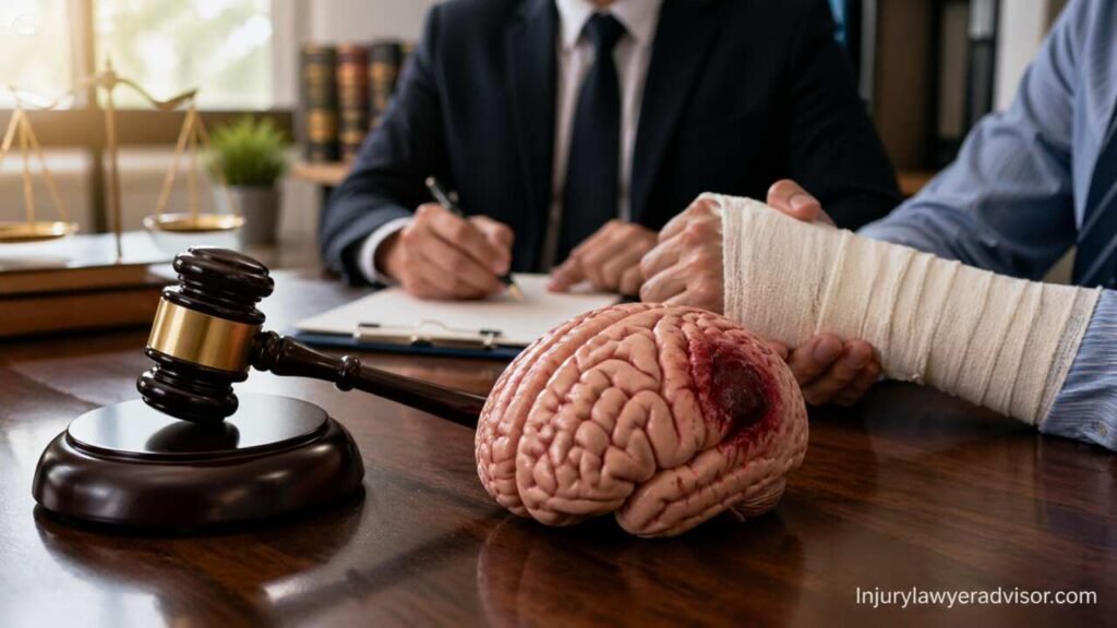 Brain injury lawyer consulting injured client with legal documents and brain model
