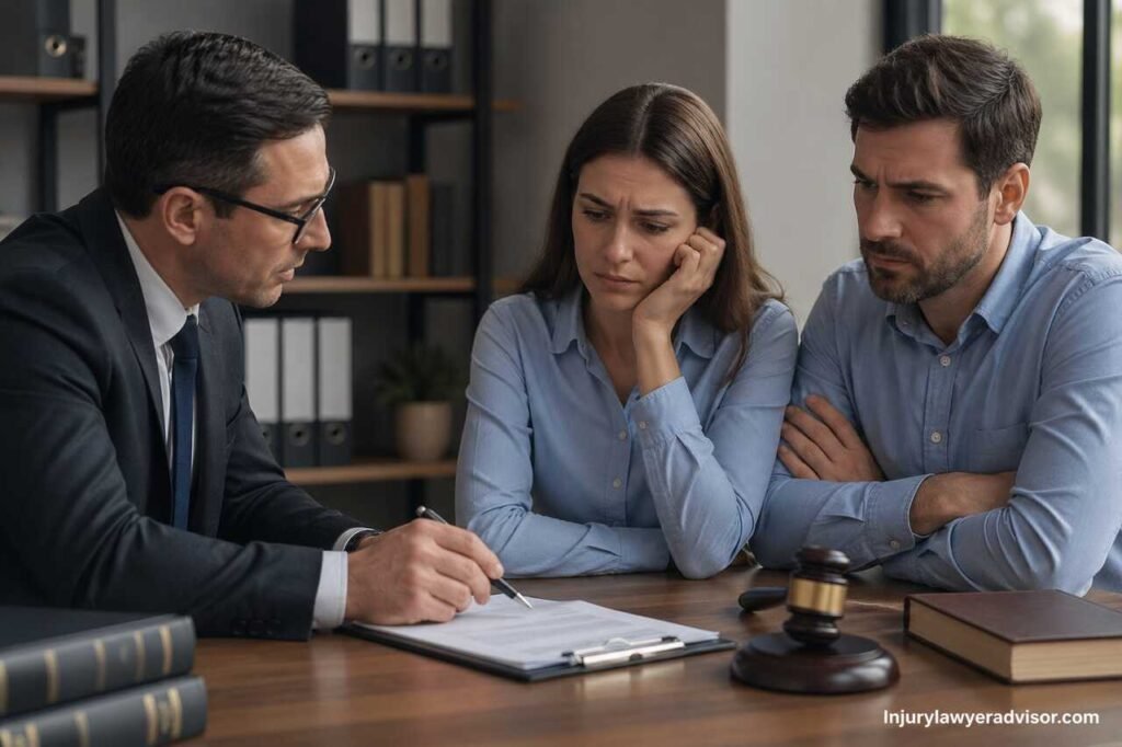 Couple consulting a lawyer about divorce timeline and legal process in office setting