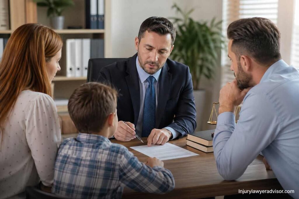 Parents discussing child custody agreement with a lawyer in a professional office setting