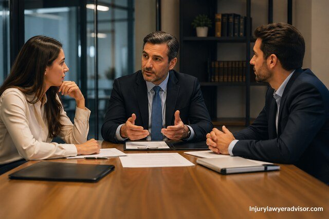 Three professionals in a modern office engaged in a focused mediation discussion around a conference table.
