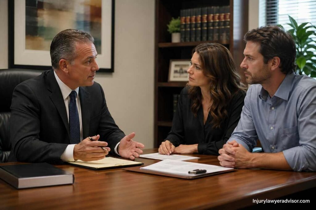 Divorce lawyer consulting a couple in a professional office setting