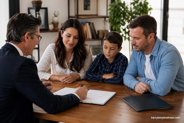 A realistic family law consultation scene showing two parents reviewing a parenting plan with a legal advisor in a softly lit office, with natural expressions and detailed surroundings.