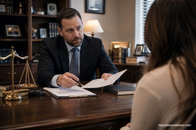 Lawyer consulting with a client in a professional office, reviewing legal documents on a desk in a formal meeting setting.