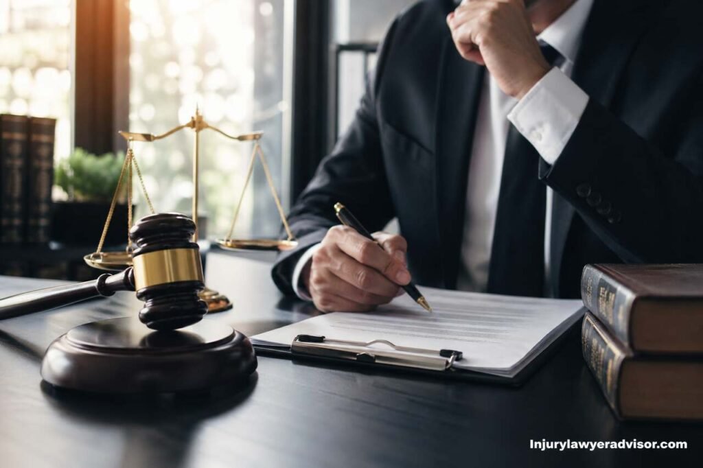 Lawyer working with legal documents, gavel, and scales of justice in a professional office setting.