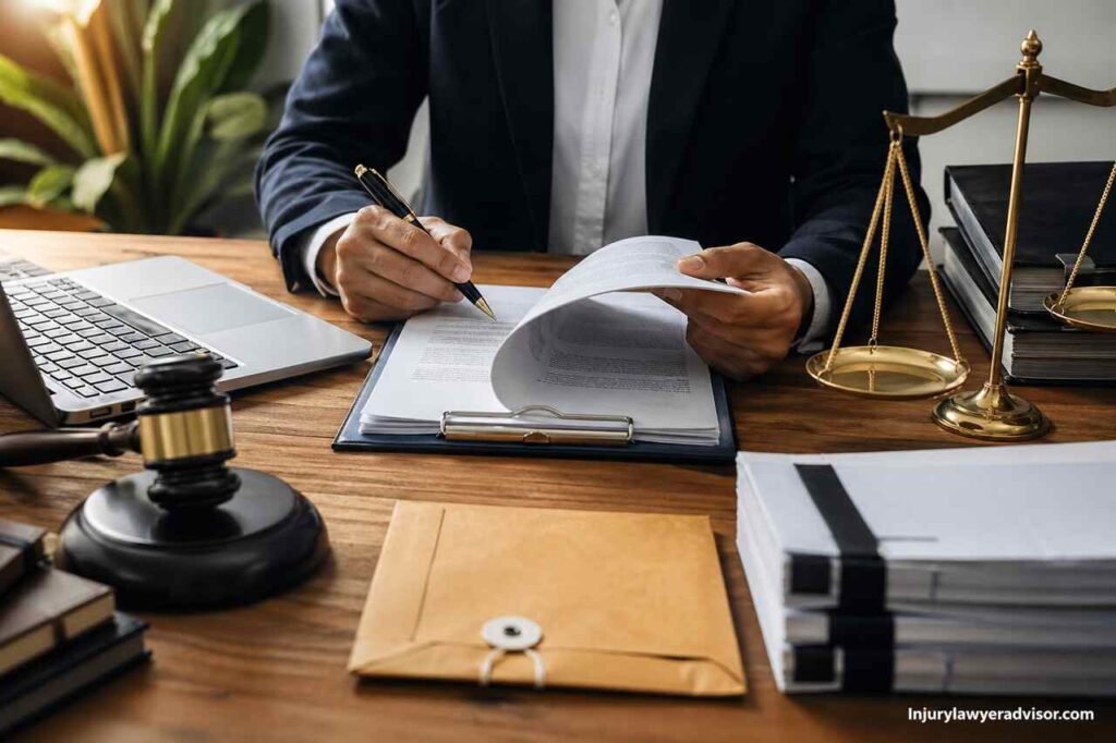 Professional reviewing legal business documents on desk with gavel and scales symbolizing business compliance