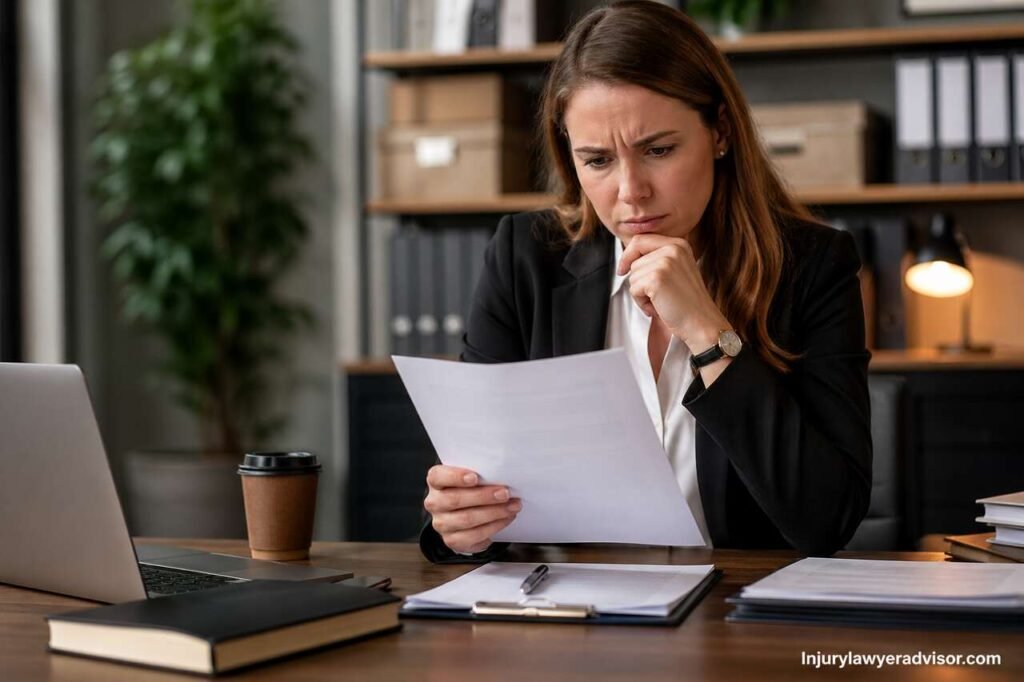 Professional reviewing a business contract carefully in an office to avoid legal mistakes