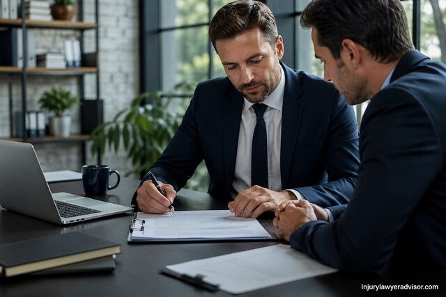 Two professionals signing a business contract in a modern office.