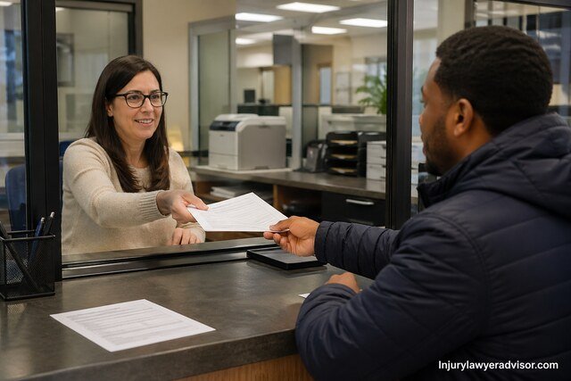 A realistic office scene where a clerk hands a document to a customer through a service counter window in a modern administrative office.