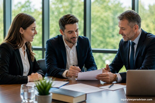 Three business professionals discussing documents at a modern office conference table with natural light and greenery visible through large windows.