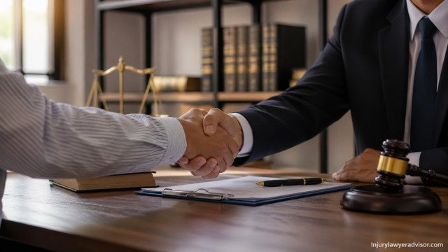 Lawyer and client handshake representing trust and credibility