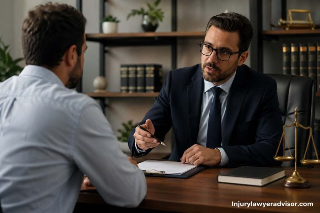 Professional lawyer consulting client in office discussing legal case