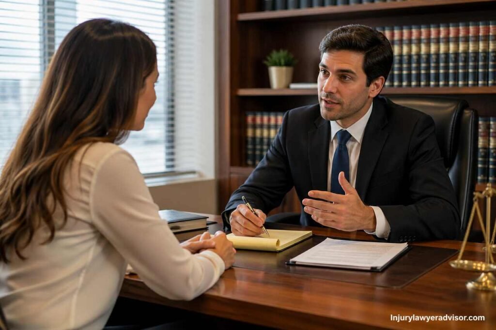 lawyer providing free consultation to client in office