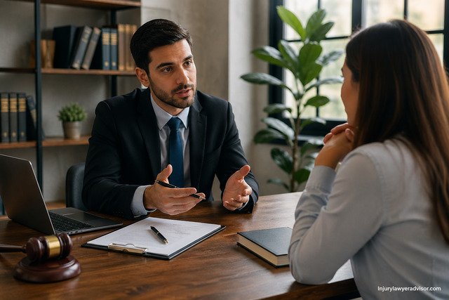 Lawyer consulting a client in a modern office over legal documents on a desk.