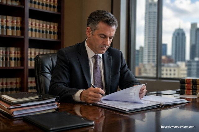 Lawyer reviewing case files in a modern office with natural lighting and detailed legal workspace.
