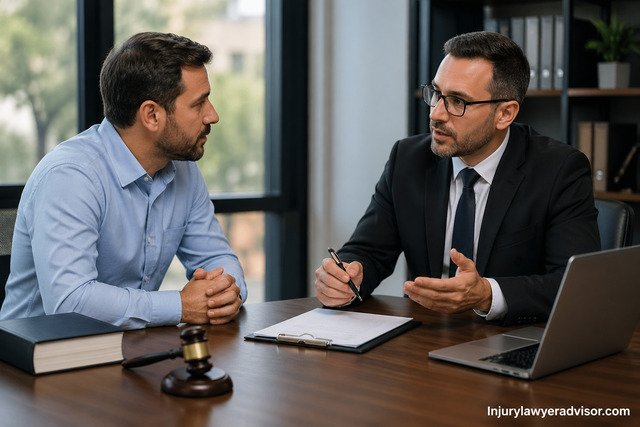 Two men engaged in a professional legal consultation inside a modern office, seated across a wooden desk with documents, a gavel, and a laptop, with natural daylight coming through large windows.