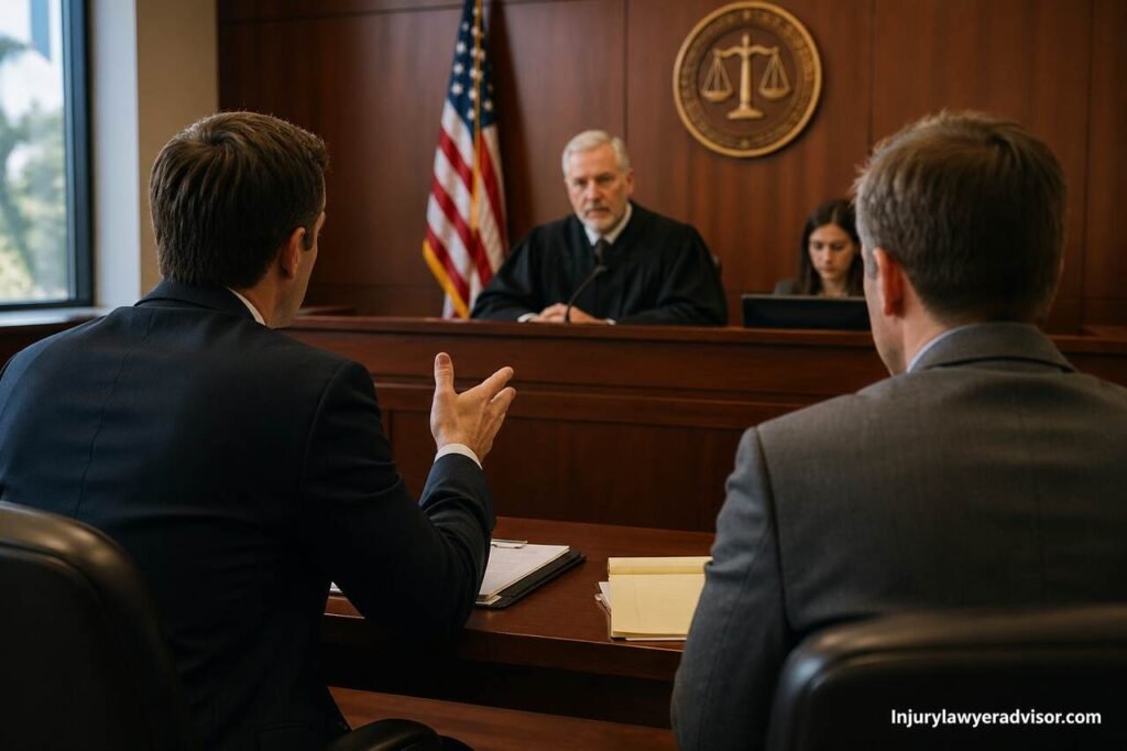 Lawyers presenting arguments in a courtroom during a traffic ticket hearing