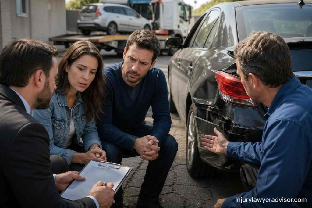 Car insurance claim process with adjuster inspecting vehicle damage after accident