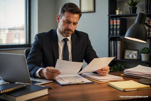 A professional man in a suit reviews documents at a desk in a well-lit office with files and a laptop.