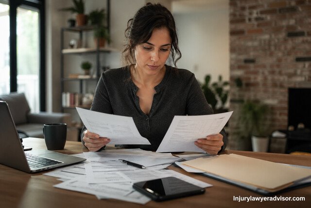 Woman reviewing documents at a home desk.