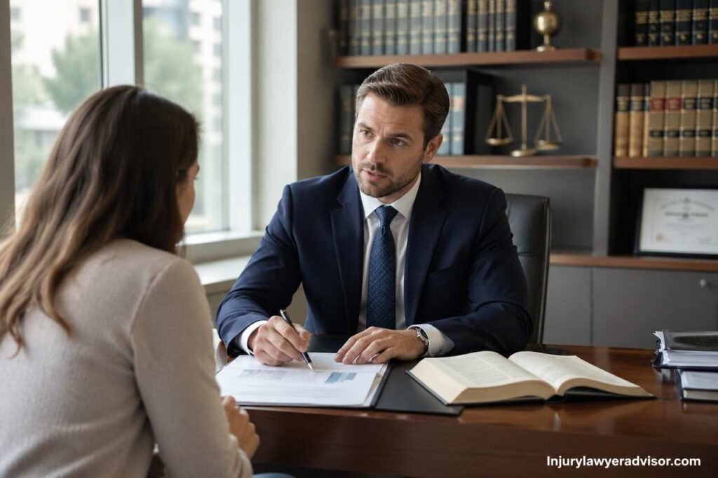Professional tax lawyer reviewing financial documents in a modern office setting