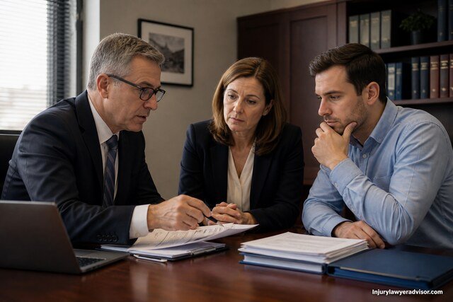 A professional lawyer consulting with a client in a modern office, reviewing financial documents during a tax audit investigation with a calm and focused atmosphere.