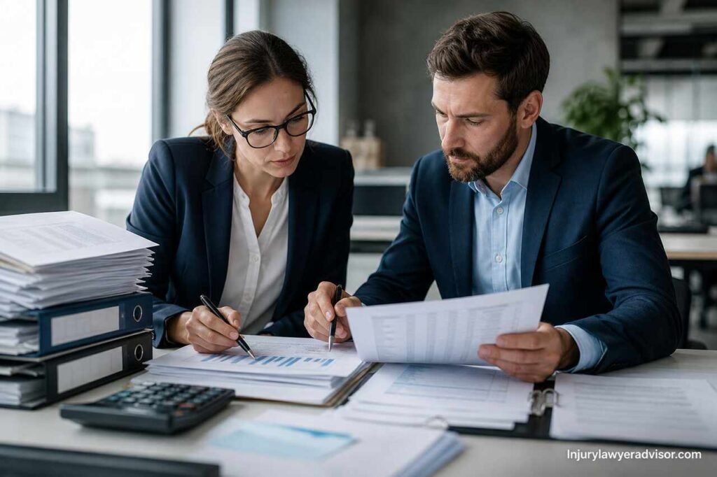Professionals reviewing financial documents during a tax audit process in a modern office setting