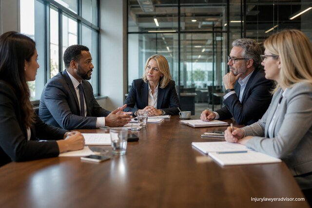 Business professionals seated around a modern conference table during a formal audit interview, engaged in discussion with documents and laptops in a bright glass-walled office.