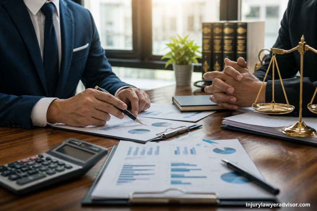 Business professionals reviewing financial documents in a modern office while discussing tax compliance, legal tax planning, and financial regulations.