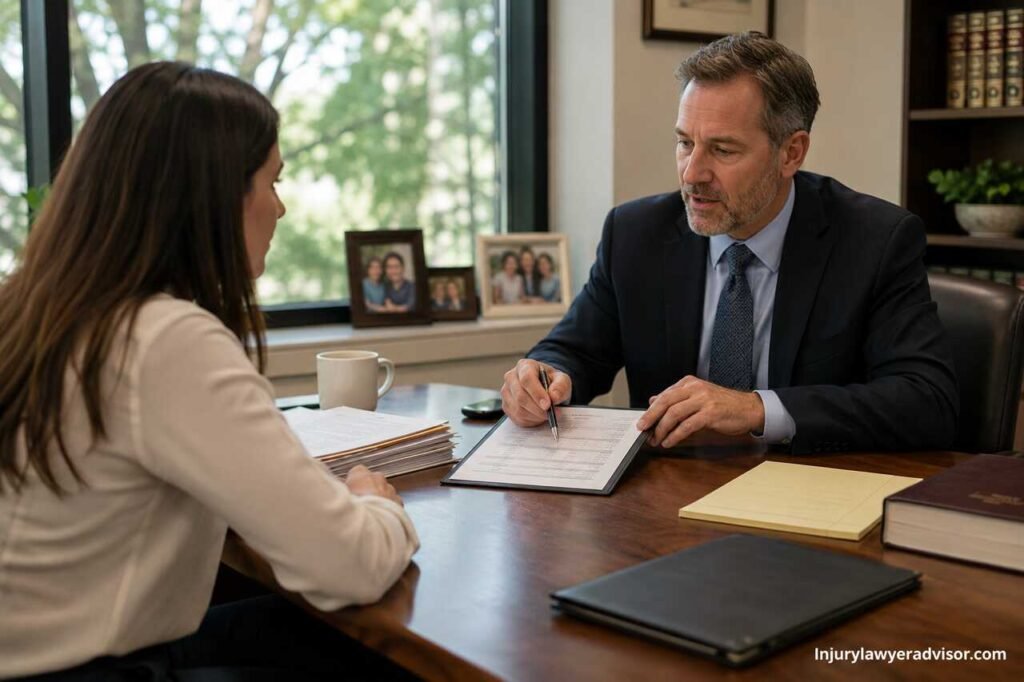 How Much Is My Injury Claim Worth? Factors and Settlement Strategies Personal injury attorney discussing injury claim value and settlement strategy with a client in a professional office.
