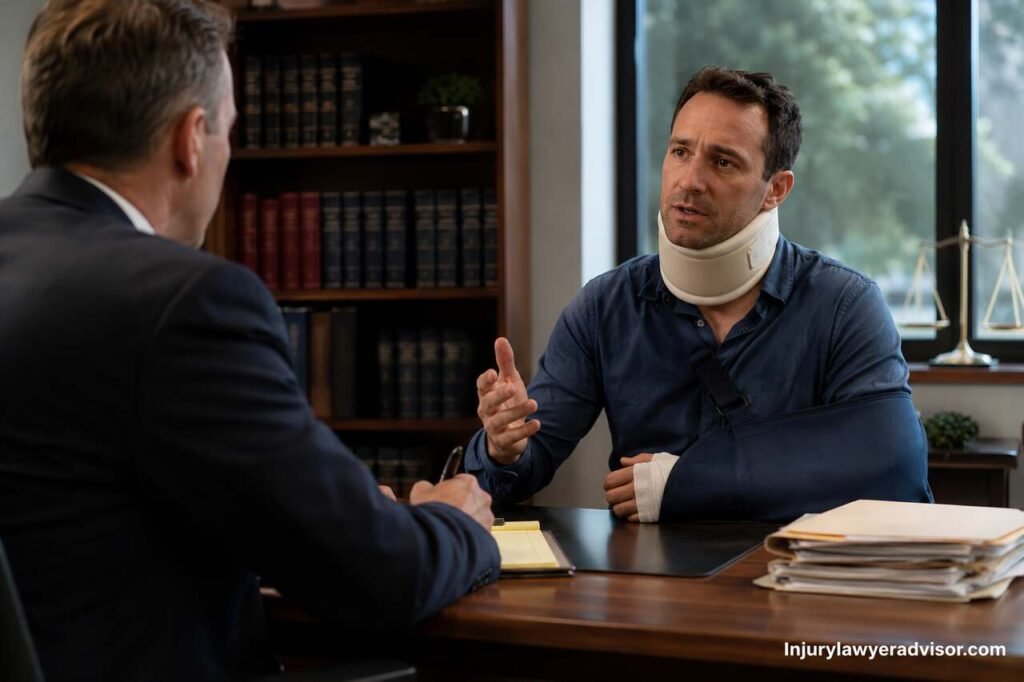 Injured accident victim consulting with a personal injury attorney in a professional law office.
