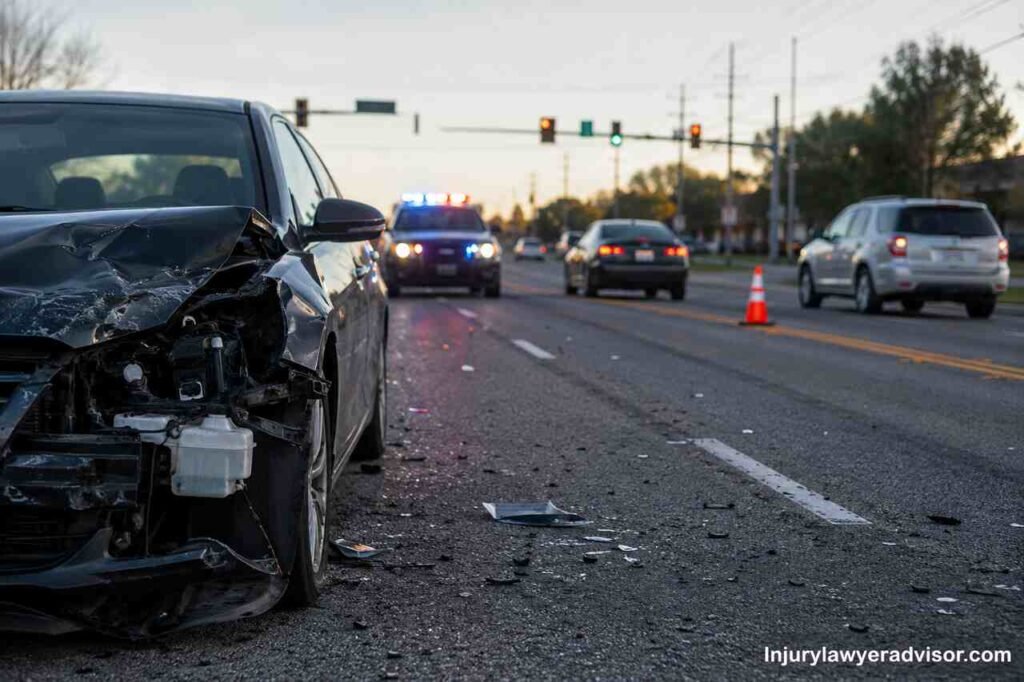 Damaged vehicle after a road collision with police lights in the background illustrating common causes of car accidents and road safety risks.