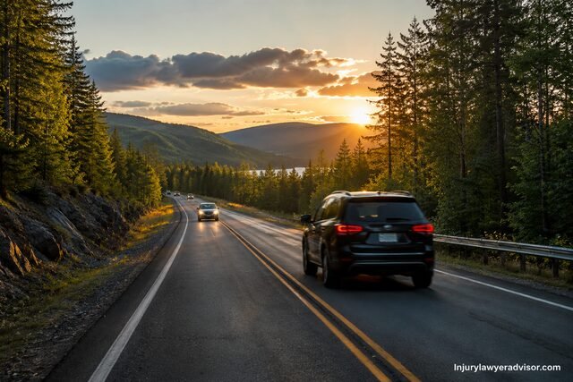 A realistic sunset highway scene with cars driving along a forested mountain road, showing controlled traffic speed and warm natural lighting.