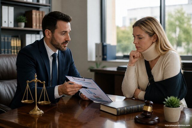 Lawyer discussing an injury settlement with a seated injured woman wearing a neck brace and arm sling in a modern office.