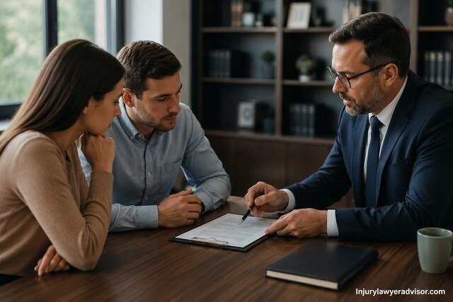 Business professionals in a modern office reviewing a legal document during a contract discussion.